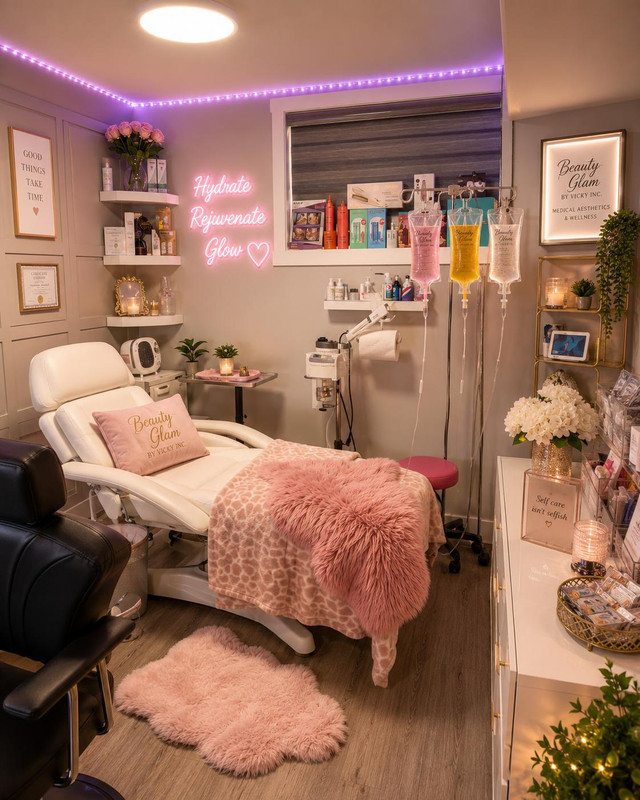 The treatment room at Viara: treatment chair, IV stand, product shelves and a neon sign